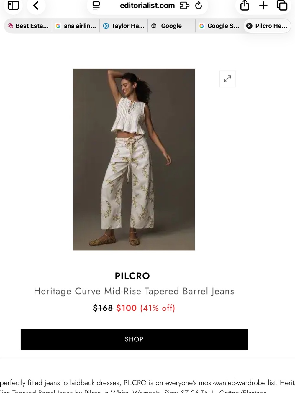 Anthropologie White Cropped Jeans with Olive Floral Embroidery - Picture 2 of 4